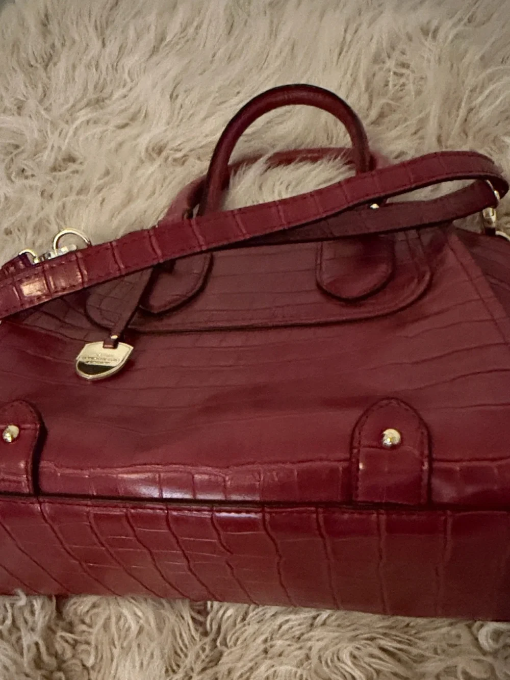 London Fog Red Croc-Embossed Satchel with Gold Hardware